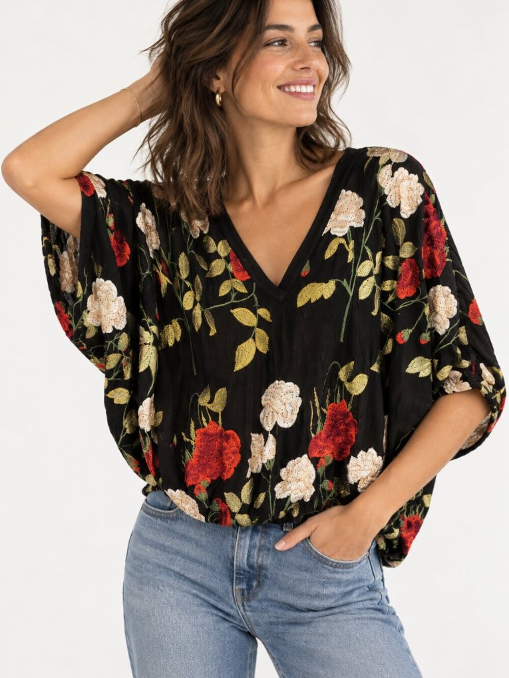 Anthropologie / Akemi + Kin Black Colorful Floral Embroidered Boho Blouse XS/S